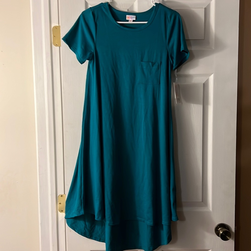 New NWT LuLaRoe Solid Teal Blue/Green Carly High Low Swing Dress pocket size XS